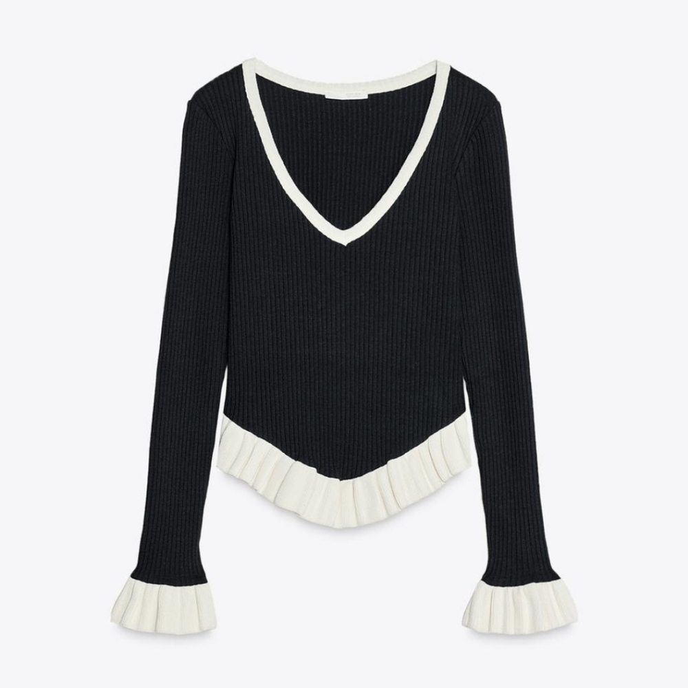 Zara Black and White V-Neck Sweater